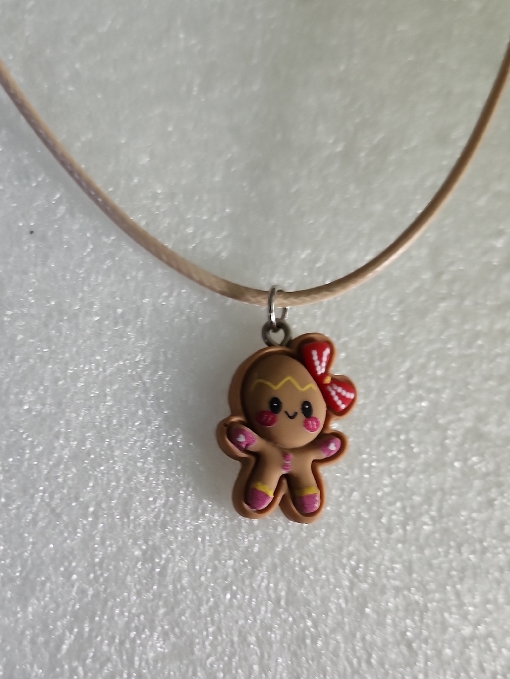 Hand Crafted Tan Gingerbread Girl Necklace with Red Bow
